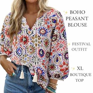 Boho Floral Print Peasant Blouse | Tassel Tie Bohemian Top
